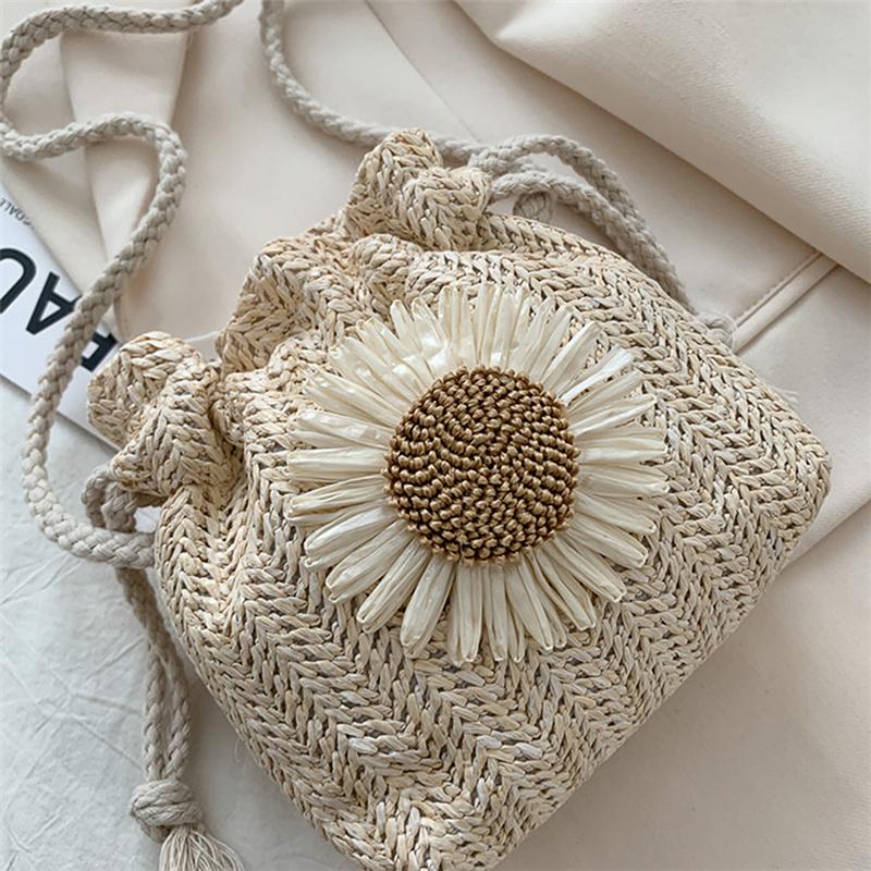 Rattan Woven Women Straw Bag Handbag Knit Flower Summer Beach Woman Shoulder Messenger Khaki White Bags Fashion Creative
