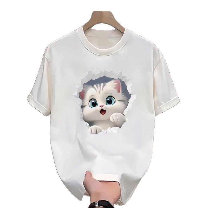 Summer Cotton T-shirt Couple Top Cute Cat Cartoon Loose Casual Shirt