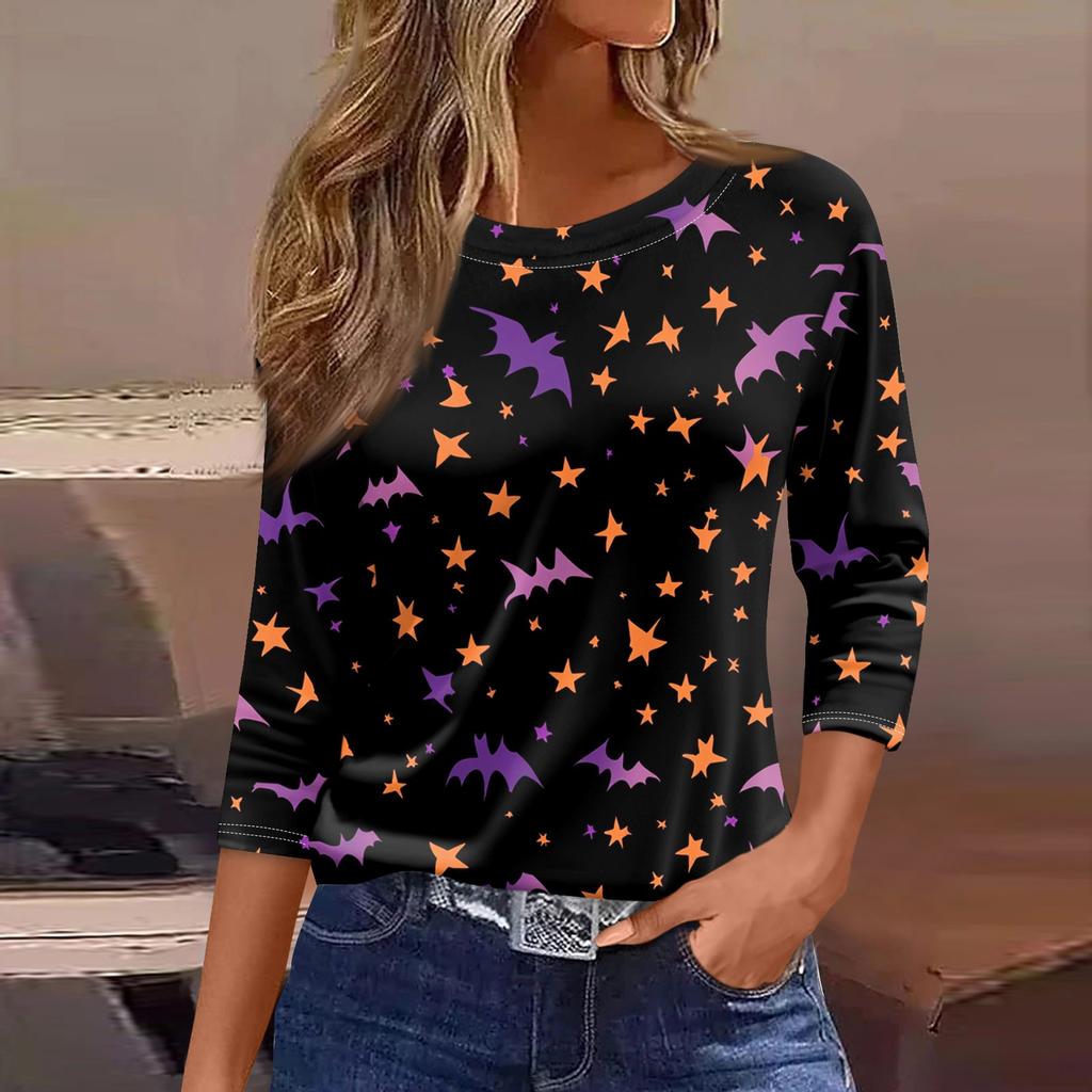 Damen T-Shirt, modisch, lässig, Rundhalsausschnitt, 3/4-Ärmel, lockeres bedrucktes T-Shirt, Damenoberteil