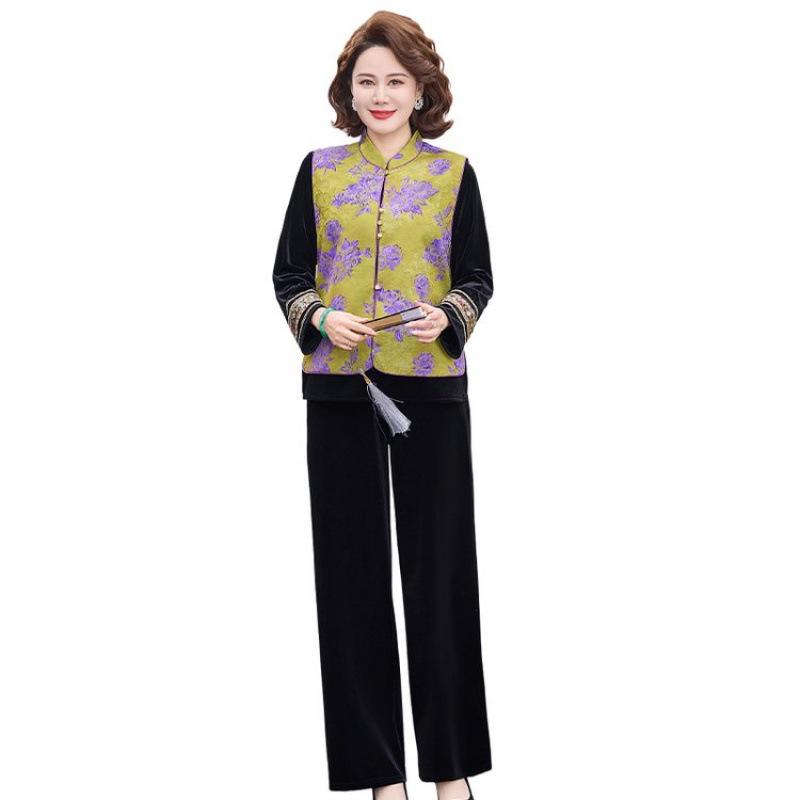 

2026 Spring Velvet Suit for Mothers: Chinese-Style Vest, Shawl, and Jacket for Middle-Aged and Elderly Women 3XL [120-135 lbs]