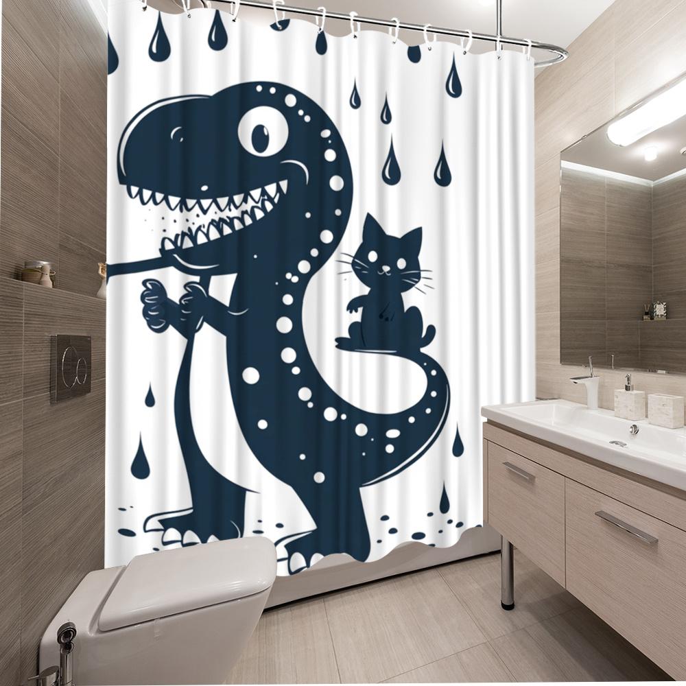 1Pc Funny Dinosaur & Cat Shower Curtain For Bathroom - Stylish Polyester Fabric With 12 Hooks, 70.8X70.8 Inches, White With Blac
