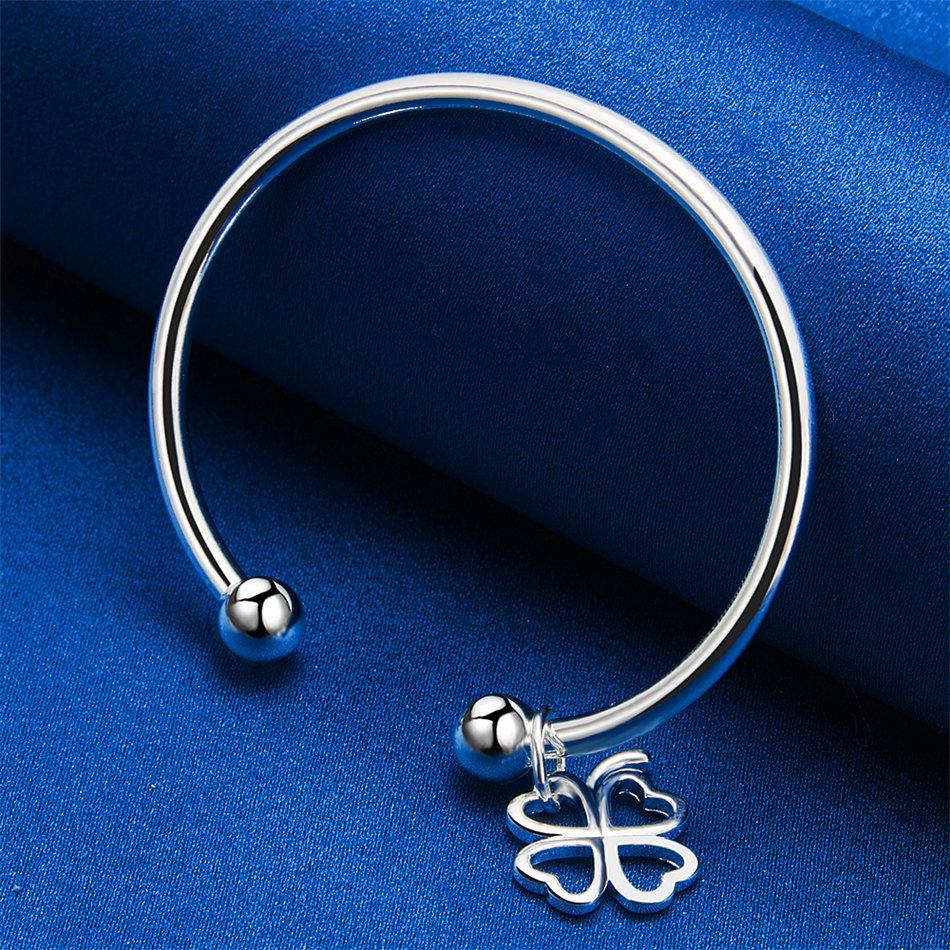 Elegant 925 Sterling Silver Delicate Four-Leaf Clover Open Bangle for Women, Fashionable Wedding Party Accessories
