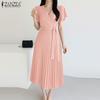 ZANZEA Women Casual V-Neck Summer Short Sleeve Pleated Dres