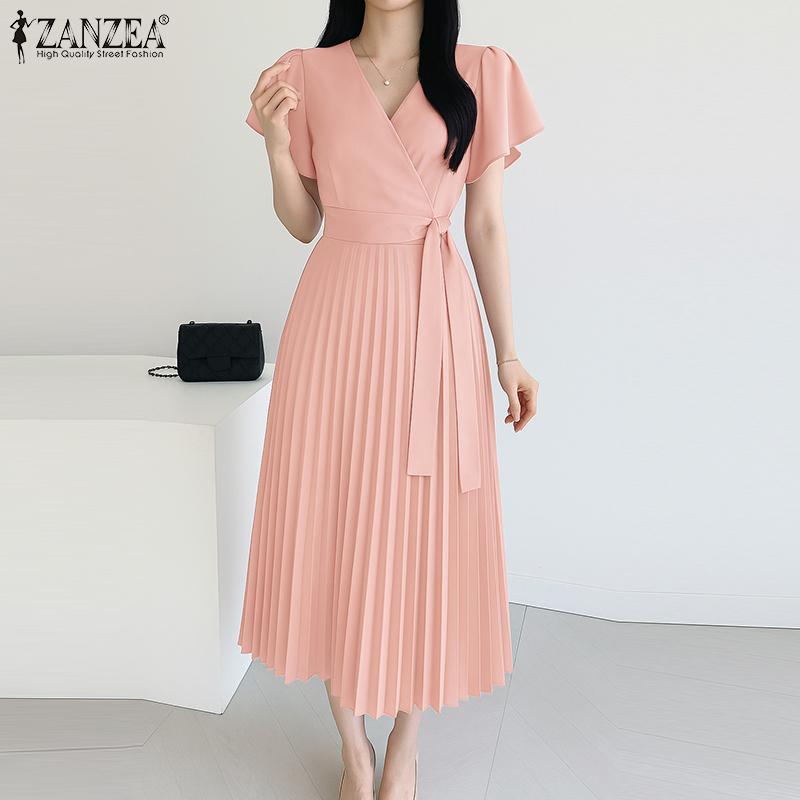 ZANZEA Women Casual V-Neck Summer Short Sleeve Pleated Dres