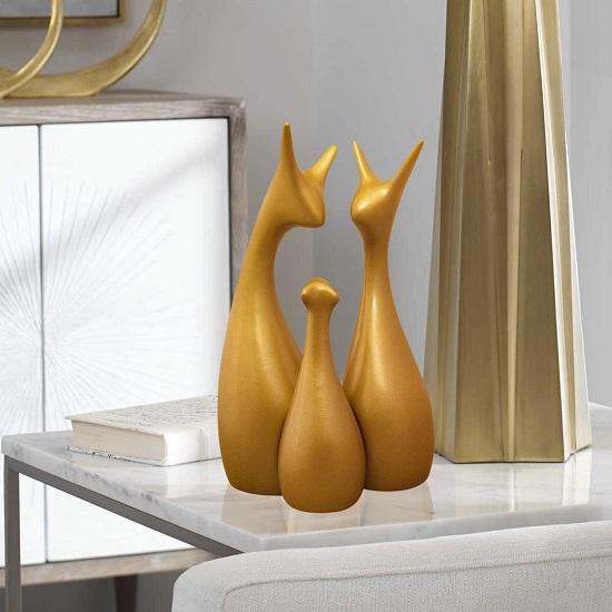 Överdådig guld Heminredning Lucky Deer Family Keramikfigur Set om 3, Guld Matt