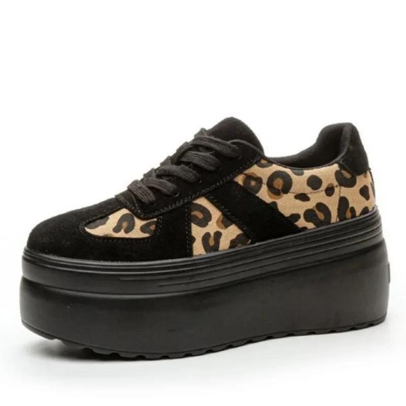 Fashion 8CM Genuine Leather Women Streth Fabric Autumn Chunky Sneaker Vulcanize Leopard Loafer Flats Spring Platform Wedge Fashion Shoes