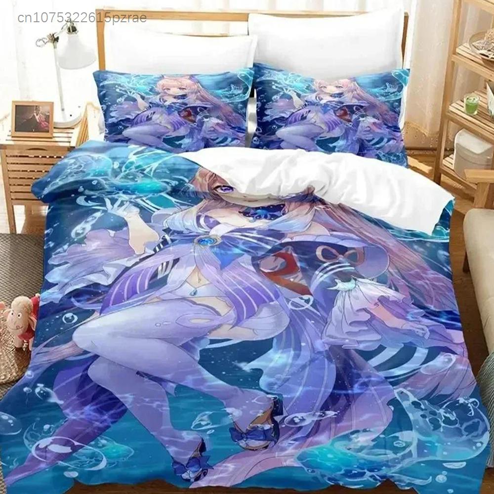 Anime Genshin Impact Sangonomiya Kokomi Bedding Set Printed With Pillowcase Bed Duvet Cover Soft Queen King Size Bedclothes Home