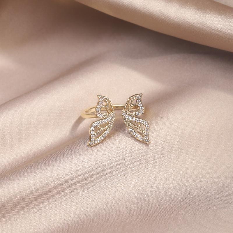Korea  Design Fashion Jewelry 14K Real Gold plating Zircon Hollow Butterfly Ring Elegant Women's Daily Work Accessories