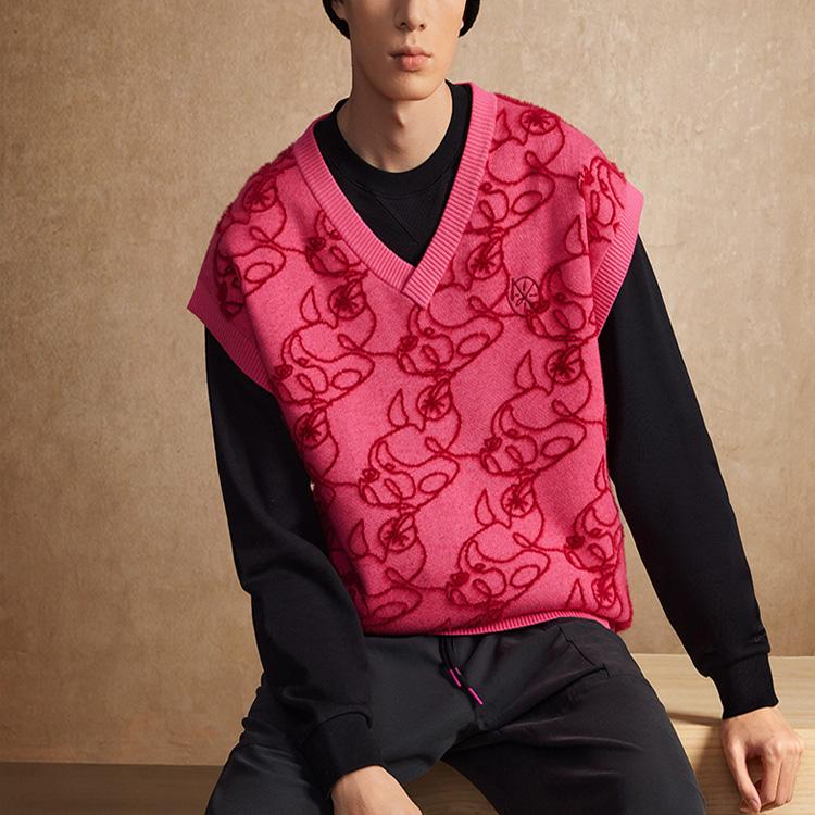 Li Ning 2023 Autumn Winter New Wade Series V Neck Knitted Cartoon Full Print Vest Men Vest Bright-Pink AMVT029-10