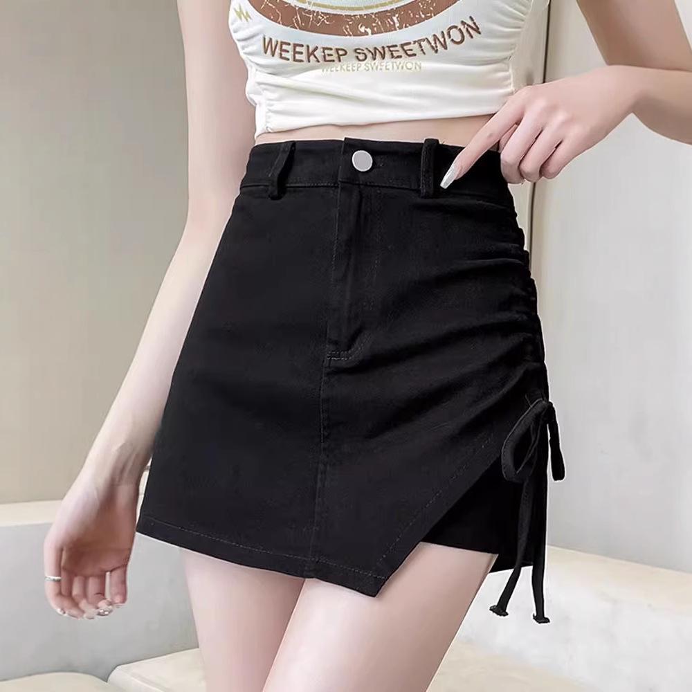 2024 Summer Women's Black Spicy Girl Ruched High Waist Irregular A-line Mini Skirt Pants