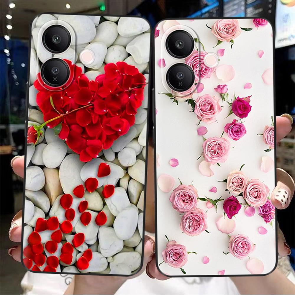 For Vivo V60 Lite 4G Phone Case Flowers Patterns Soft Black Silicone Protective Shell Back Cover For Vivo V60 VivoV60 Lite Funda