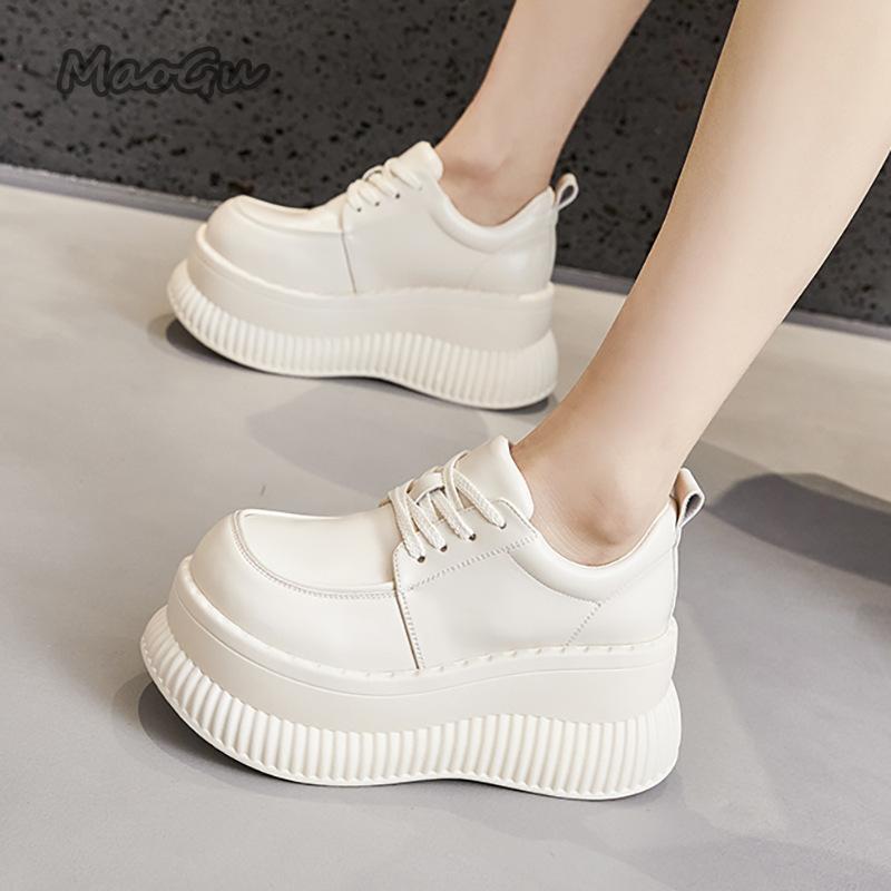 Fashion Thick-Soled Women's Shoes 2025 New Lace Up Lolita Shoes Black Beige Chunky Platform Leather Pumps Size34 39 Street Style Flats