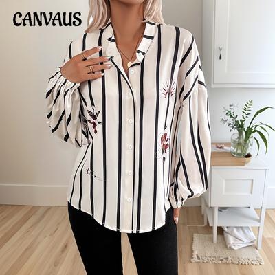 Women's Standing Collar Long Sleeve Cardigan Tops Autumn Striped Printed Shirt