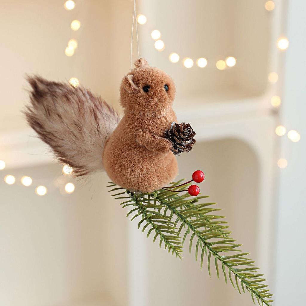 Plush Squirrel Pendant Pinecone Branch Cartoon Doll Christmas Tree Decoration Desktop Ornament Hanging Decoration