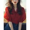 Stylish Red Puff Sleeve Blouse Women Petite Summer Casual All-match Lady Top