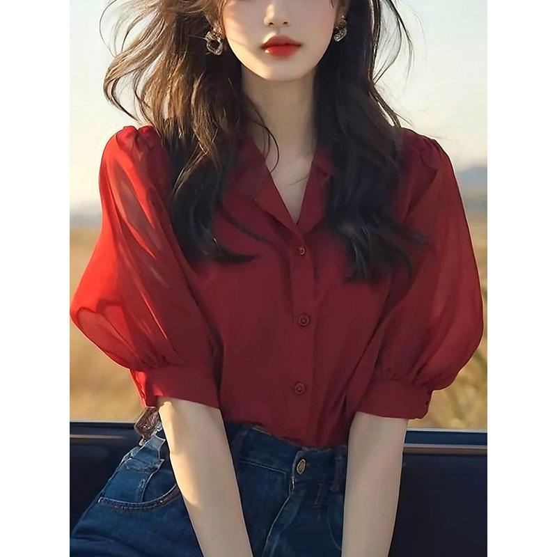 Stylish Red Puff Sleeve Blouse Women Petite Summer Casual All-match Lady Top
