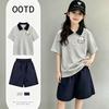 Girls' Trendy Retro Patchwork Polo T-Shirt Set - New Summer Cotton Collared Short-Sleeves for Medium & Large Children.