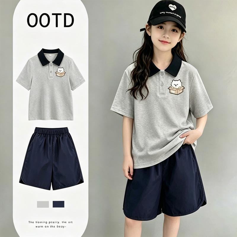 Girls' Trendy Retro Patchwork Polo T-Shirt Set - New Summer Cotton Collared Short-Sleeves for Medium & Large Children.