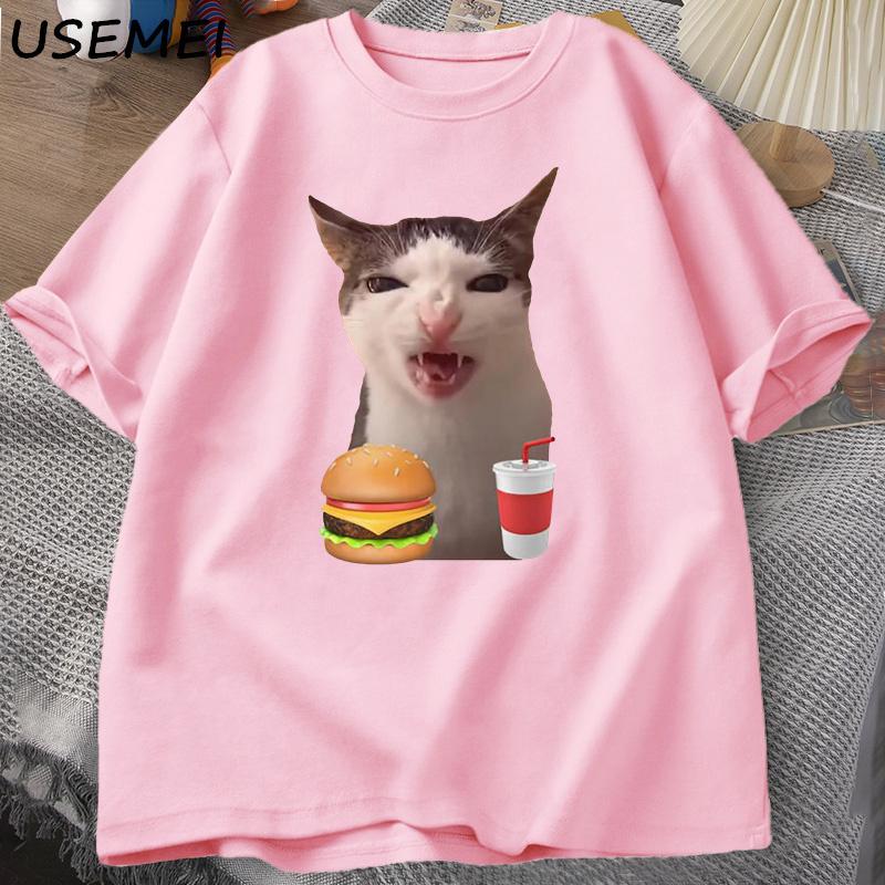 Cat Crunching Food Meme T-shirt Men Silly T Shirts Funny Cat Eating T-Shirt Cotton Short Sleeve Graphic Tees Streetwear S розовый 1770₽