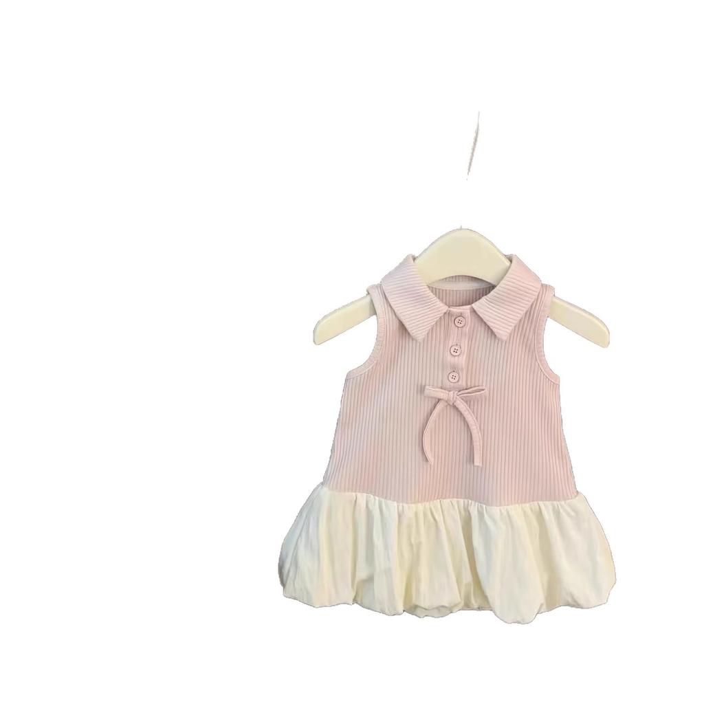 Girls Summer Pink Polo Collar Bubble Dress Sweet Princess Sleeveless Party Dress for Kids