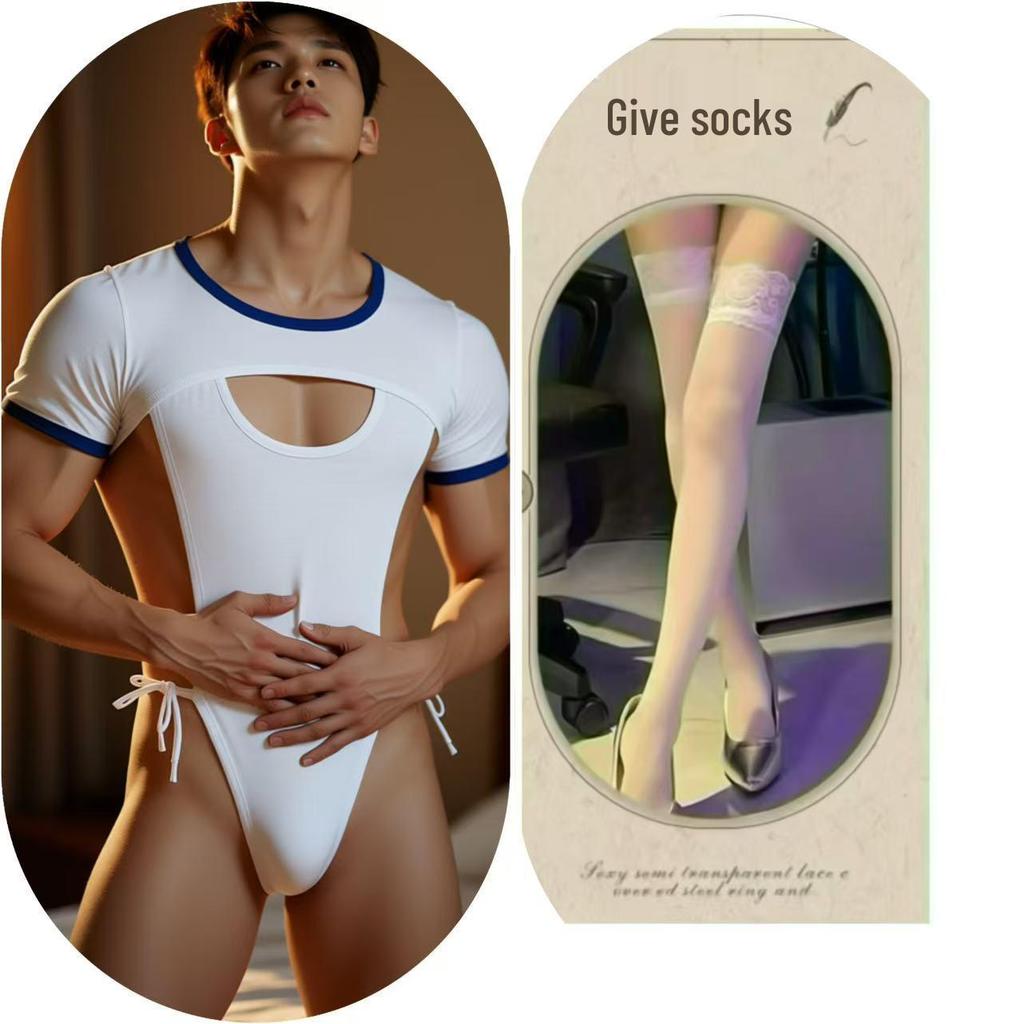 Plus Size Men's Cross-Dressing Erotic Lingerie: Open Crotch Student Outfit, Nipple-Revealing Bodysuit, Seductive Flirtation Uniform