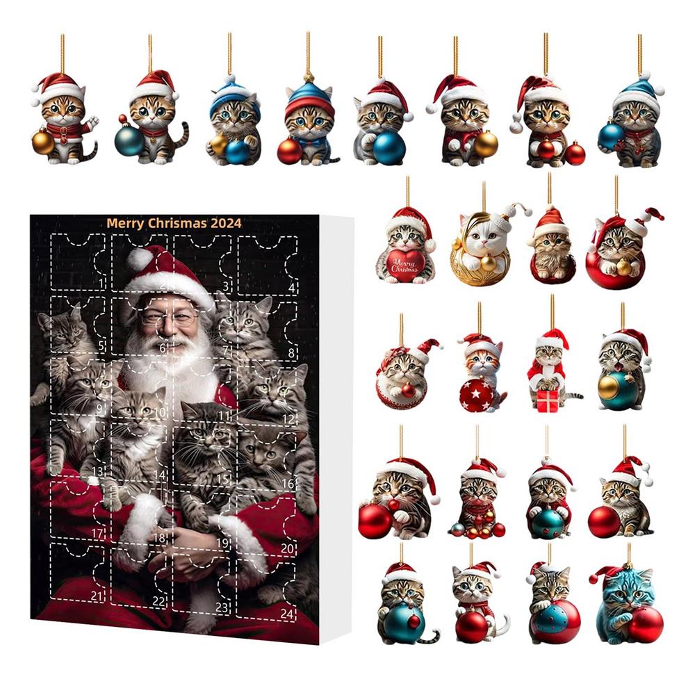 2025 Christmas Countdown Advent Calendar Cat Ornament Calendar 24Pcs Cute Cat Flat Pendant Decoration Cartoon Festival Supplies