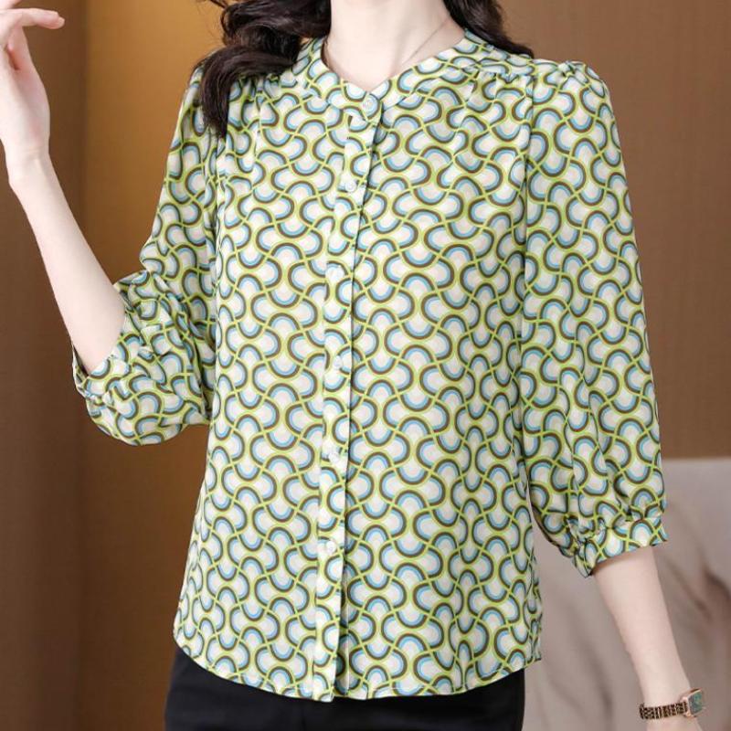 New Summer Chiffon Top Women's 3/4 Sleeves Round Collar Covering Belly Bottoming Shirt Mom's Blouse 4XL