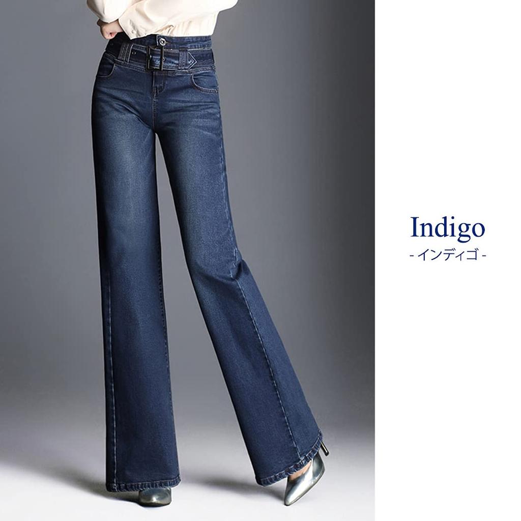 Teddy Women's Stretch Wide-Leg Denim Pants, Spring/Autumn/Winter, High-Waisted, Cut-Off Jeans, Stretch, Belt Included, Indigo, Size L (p121)