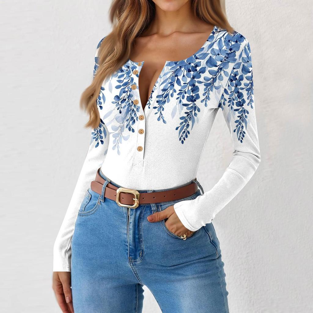 Women's Slim Bottom T-shirt Fashion Casual Gradient Printing Round Neck Pullover Long Sleeve Top