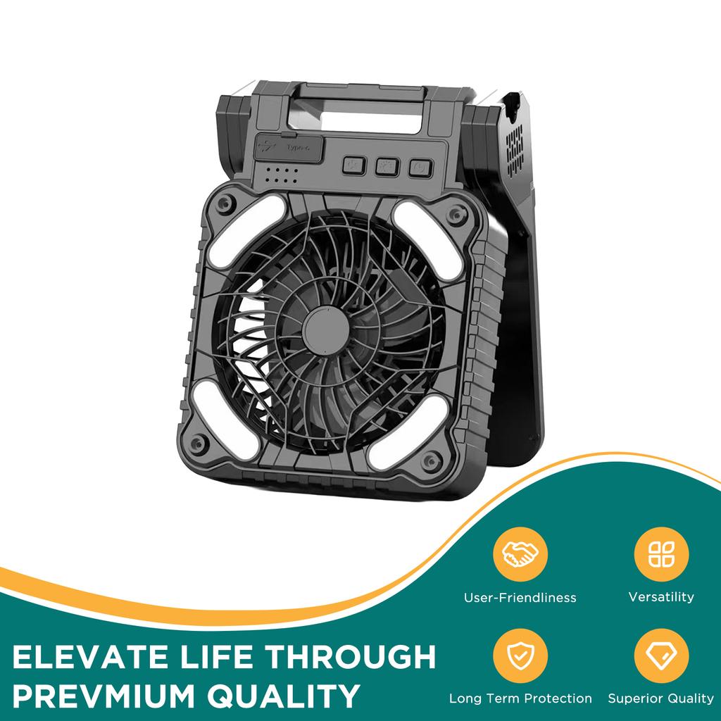 Solar Powered Fan with LED Light 5200mAh Battery Portable Polysilicon Panel Fan for Outdoor Camping Emergency Use
