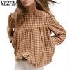 JKASHDK Women's Fashion Casual Spring Autumn Plaid Print Long Sleeve Half Turtleneck Blouses & Shirts