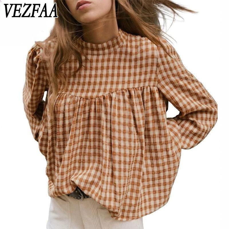 JKASHDK Women's Fashion Casual Spring Autumn Plaid Print Long Sleeve Half Turtleneck Blouses & Shirts