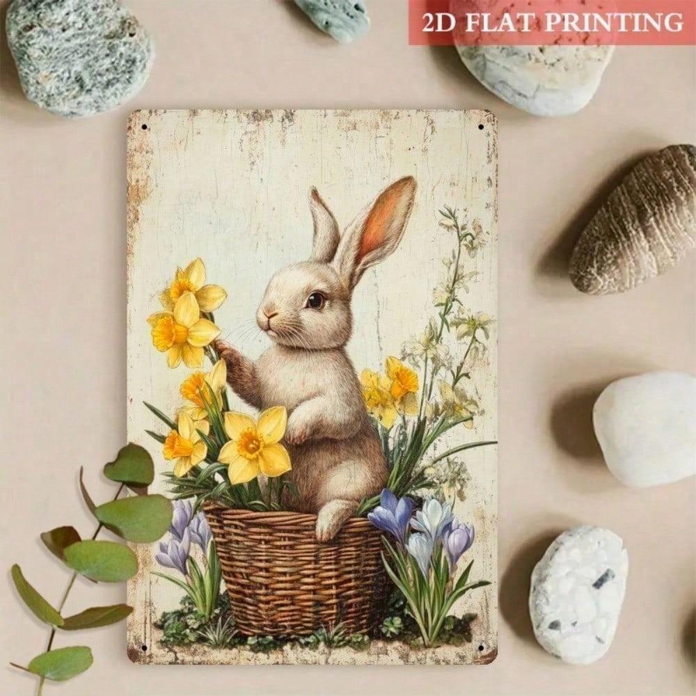 2D Easter Bunny Metal Sign, Vintage Spring Rustic Farmhouse Porch Wall Art, Indoor Outdoor Home Garden Hanging Decor