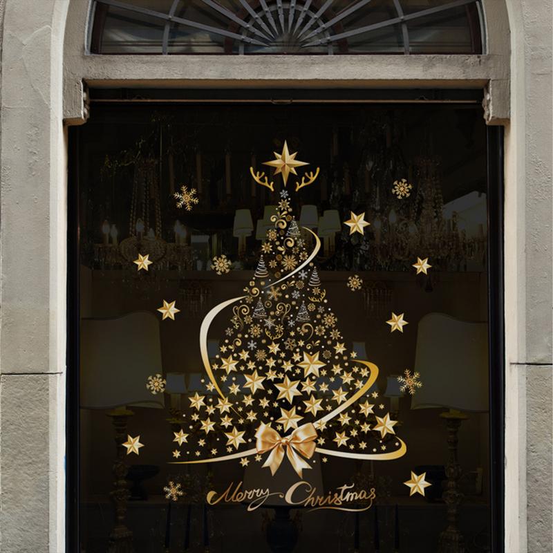 New Christmas Decoration Window Stickers Gold Xmas Tree Merry Christmas Mirror Sticker Xmas Tree Window Glass Sticker New Year
