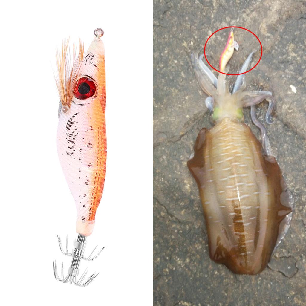 6PCS 10cm Hard Fishing Lure Artificial Wood Shrimp Bait with Octopus Cuttlefish Squid Hooks