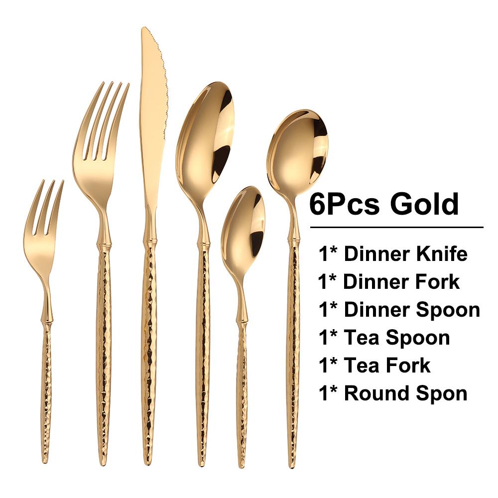 16/20/24Pcs Stainless Steel Tableware Set Gold Cutlery Sliver Knife Fork Spoon Western Hammer Pattern Handle Dinner Set Flatware