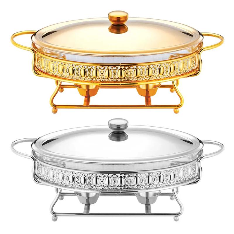 Rozsdamentes Acél Üveg Tálalóedény hot pot kis chafing dish Ételmelegítő Büfé Luxus Arany Ovális Szállodai Esküvői Chafing Dish