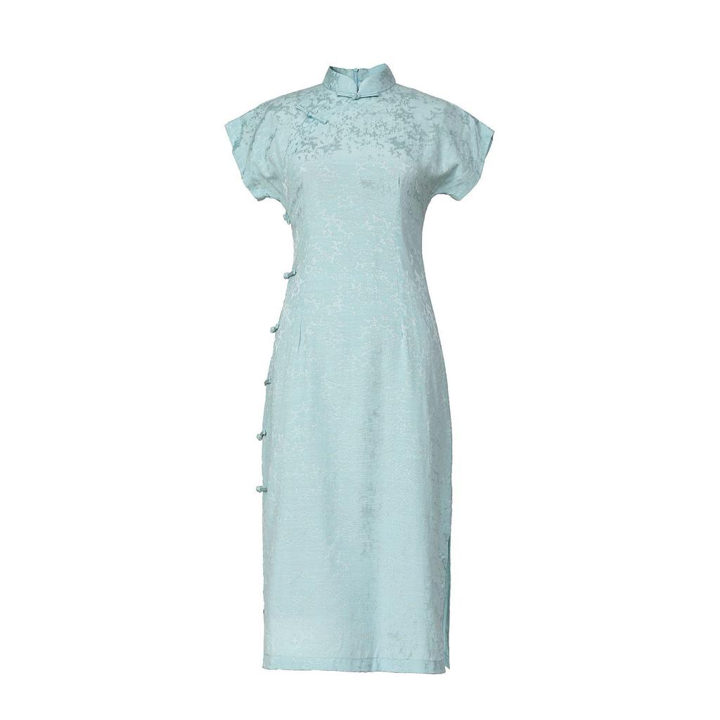 2022 Blue Waist-Slimming Retro Chinese Raglan Sleeve Tencel Cotton Cheongsam