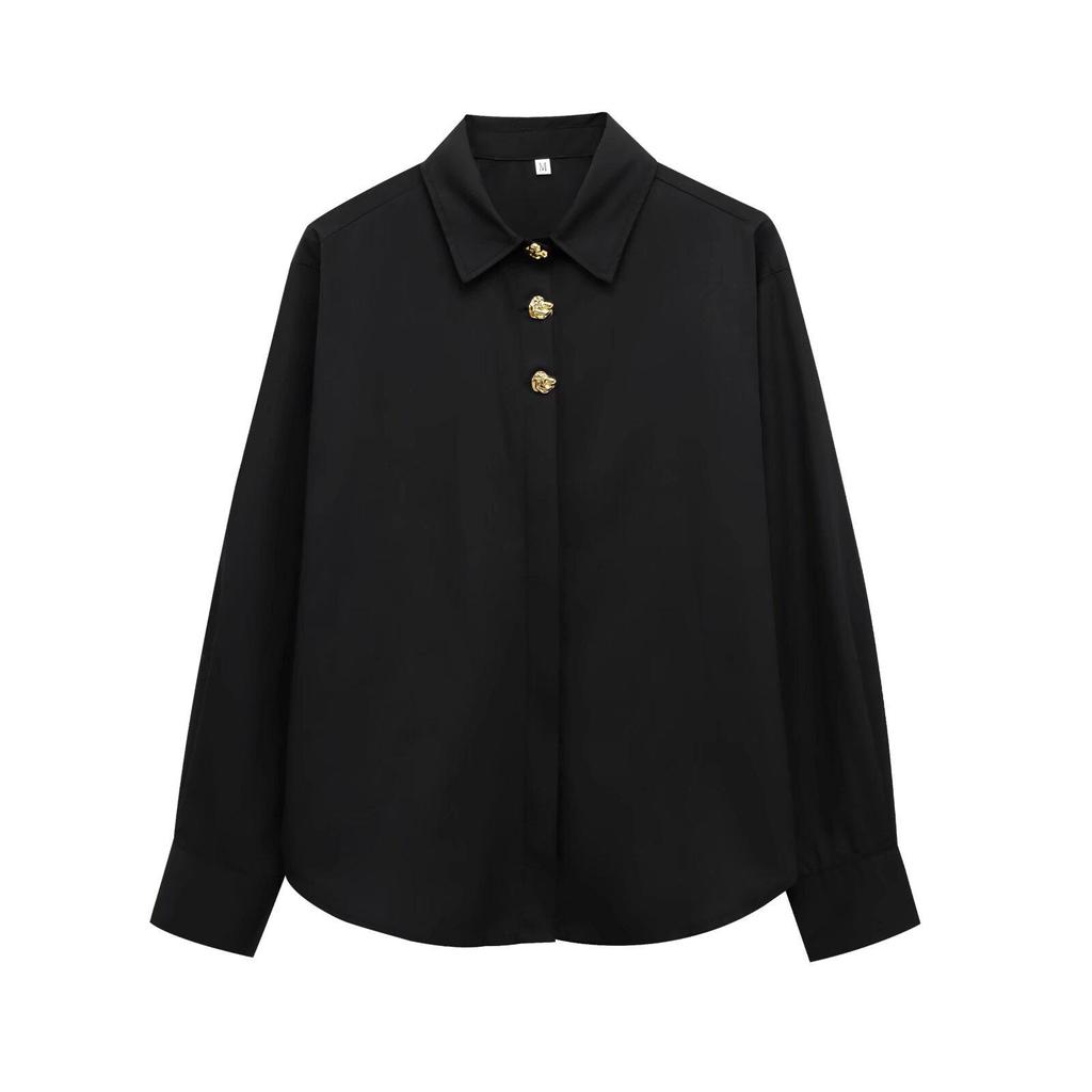 2024 Women's Winter Fashion Poplin Shirt with Gold Button Details