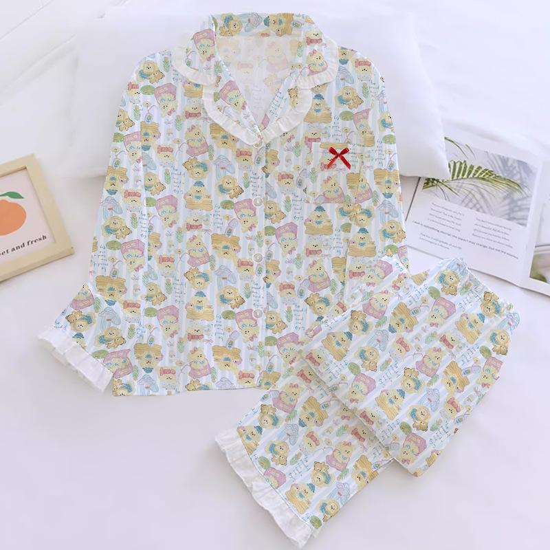Women's pajamas spring and autumn imitation cotton sweet lace long-sleeved cartoon bow small fresh loungewear set