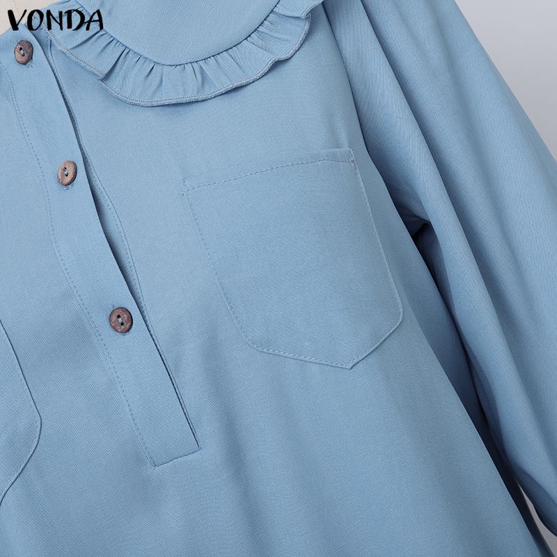 VONDA Women Elegant Doll Collar Long Sleeve Casual Tunic Dress