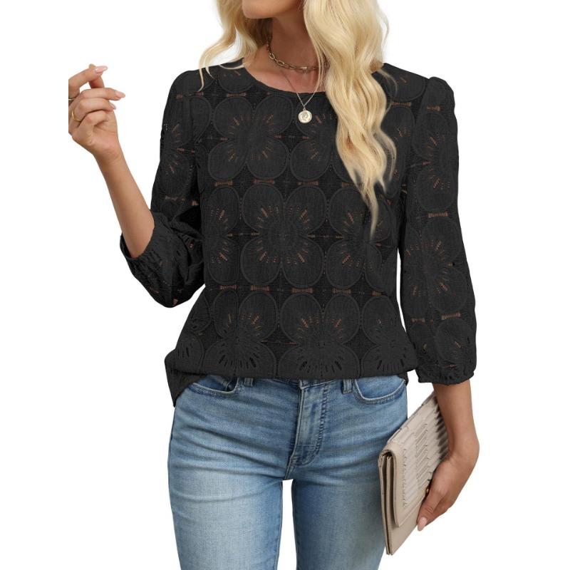 Women Casual Lace Three Quarter Sleeve Round Neck Blouse