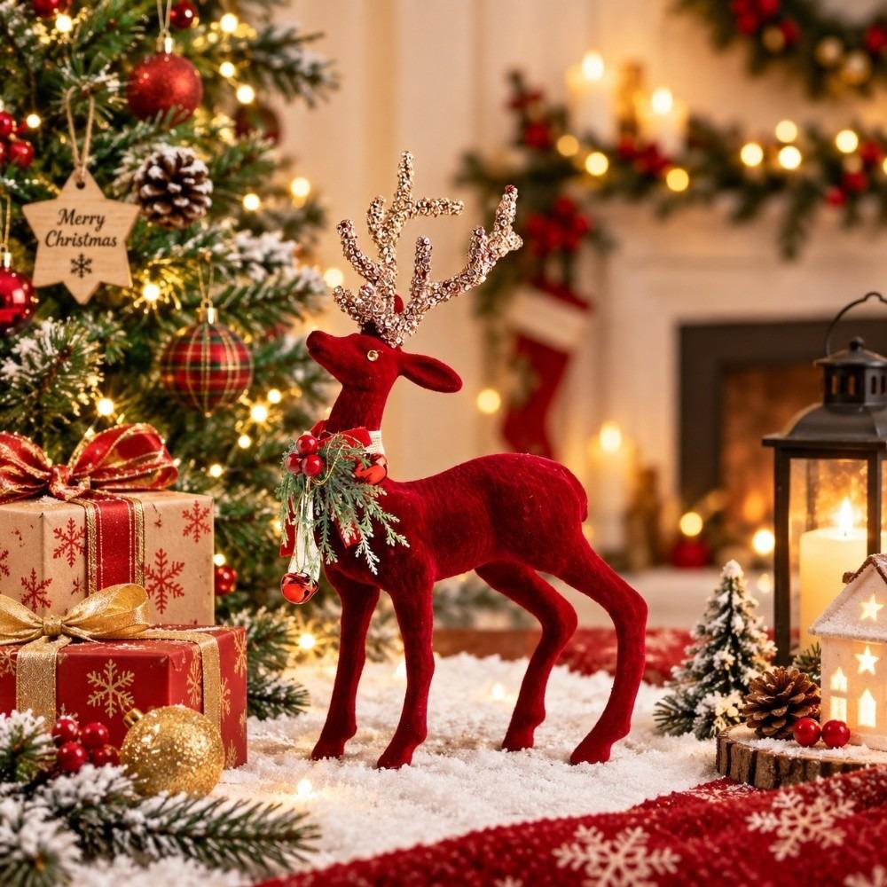 Beflockte Textur Weihnachts-Elchfigur Glänzendes Geweih Glitzer-Schleife Hirsch Schreibtisch
