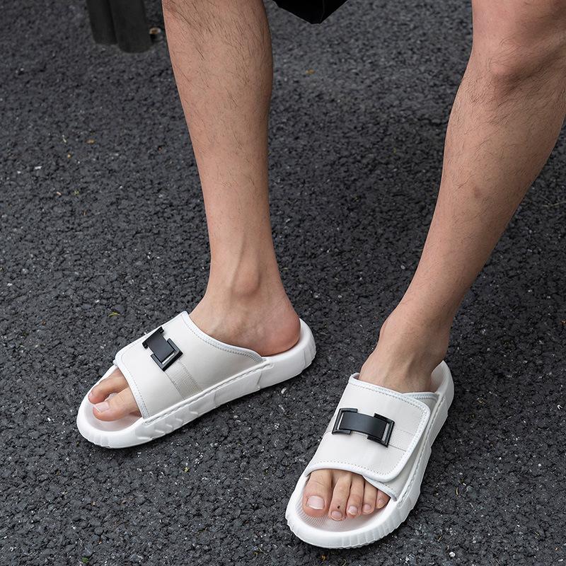 Summer new men's one-word drag men's drag high-end leather fashion outer wear shoes casual beach shoes men's thick soles