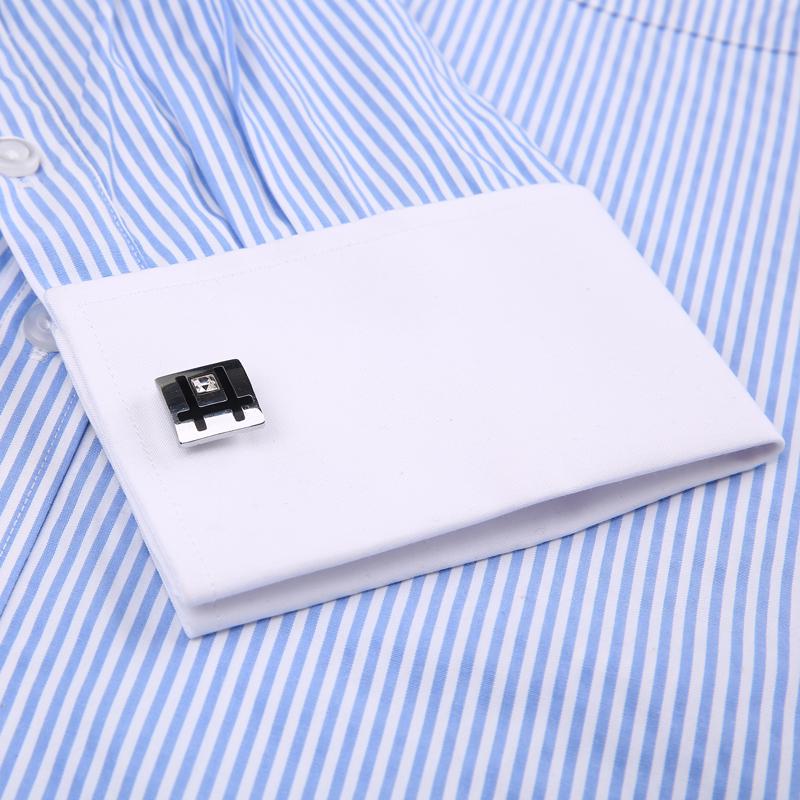 Cămașă rochie cu dungi clasice pentru bărbați, cu manșete franțuzești, cu un singur buzunar cu plasture Cămăși de nuntă cu mânecă lungă, cu potrivire standard (Manșetă inclusă)