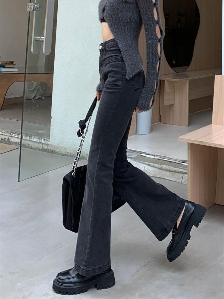 Schwarz Grau Hoch taillierte Ausgestellte Jeans frauen Retro Gerade Elastische Dünne Schlanke Weite bein Ausgestellte Hosen Weibliche Hosen