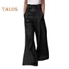 Women Flared Pants Slim High Waist Loose Pockets Faux Leather Elastic Waist Wide Leg Streetwear Solid Color Trousers for Work Leisure Daily Wear