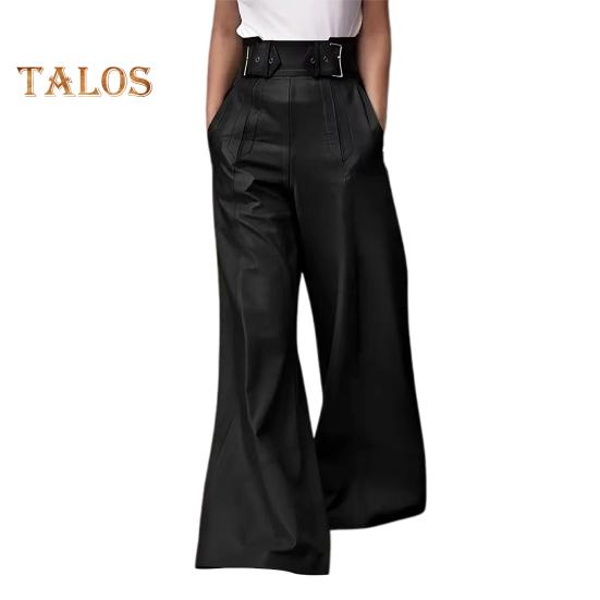 Women Flared Pants Slim High Waist Loose Pockets Faux Leather Elastic Waist Wide Leg Streetwear Solid Color Trousers for Work Leisure Daily Wear
