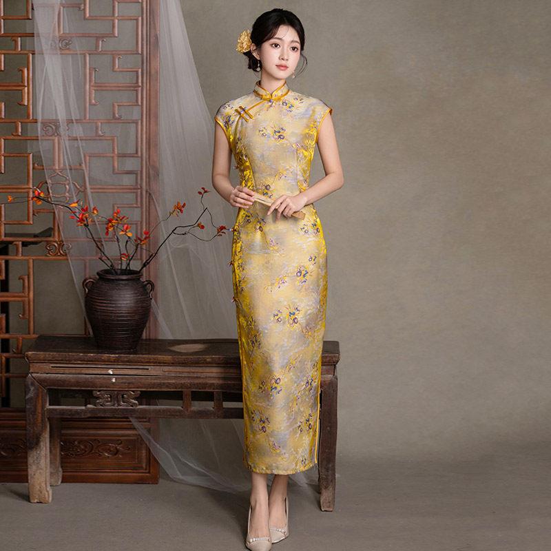 Yellow is sent to test the national style, new Chinese style, daily Suzhou long cheongsam, improved young 1011 new women's high sense