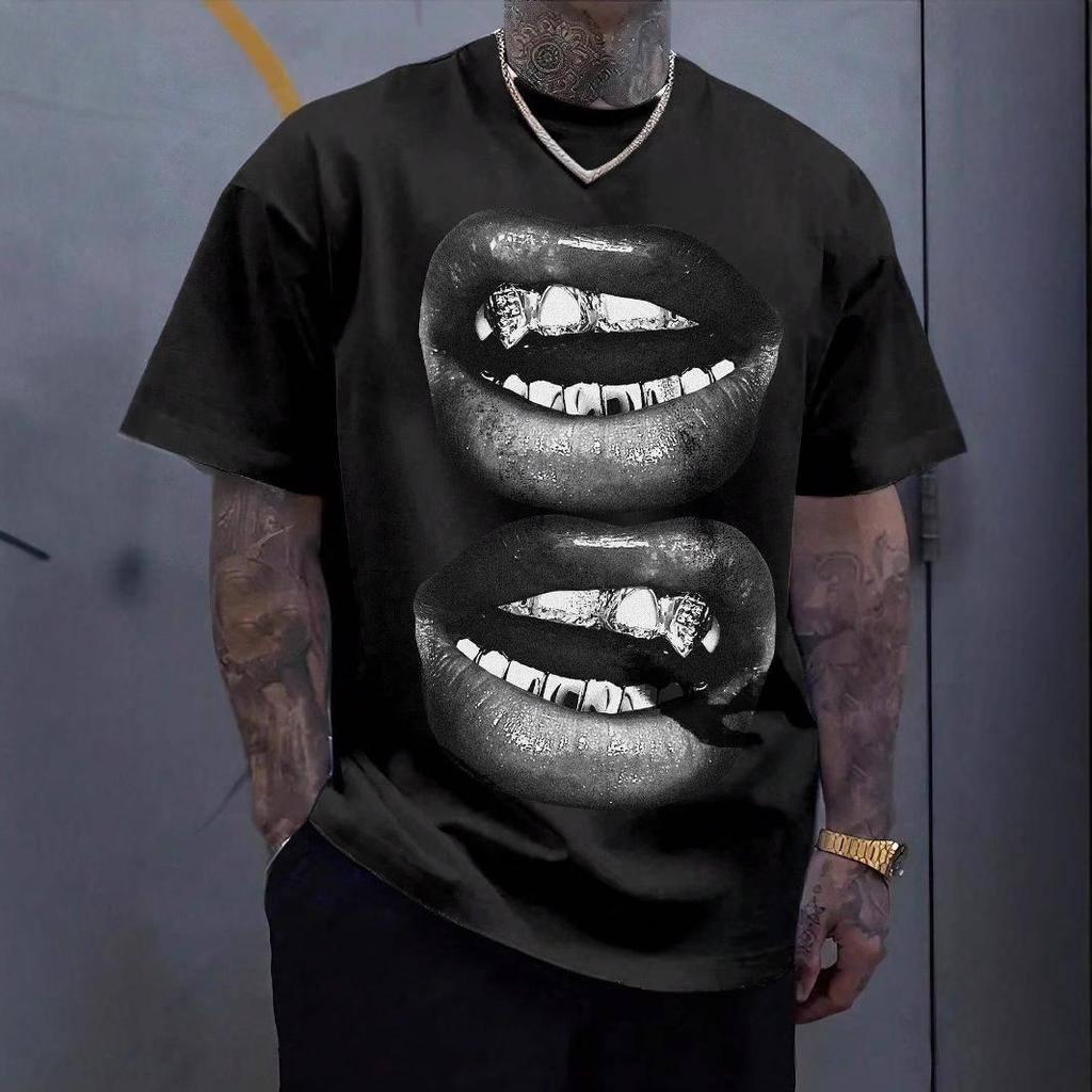 Trendy Cross-Border Tooth Drill Hip-Hop Short-Sleeve T-Shirt - Creative Streetwear for Couples